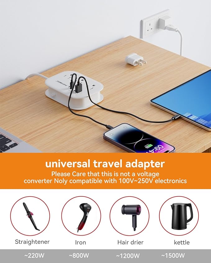 European Plug Adapter,EU/UK/US Travel Power Strip with 3 Outlets & 4 USB Ports(3.4A), International Power Adapter with 3 FT Extension Cord Compact for US to EU UK Germany Italy France Cruise