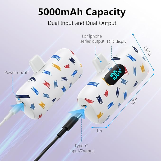 Small Portable Charger for iPhone 5000mAh, PD Fast Charging Power Bank,Mini Battery Pack Portable Phone Charger Travel Essentials for iPhone 14/14 Pro Max/13/13 Pro/12 Pro/11/XS/XR/X/8/7/6/SE Series