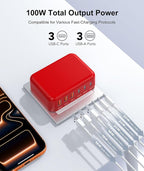 Fast Charger Block, GaN 6 Port USB C Charging Station Hub Cube, 100W Multiport Type C Wall Charger Power Strip Plug with PD 3.0+QC for iPhone 16 15 14 13 12 1 Pro Max XR XS 8 7, Samsung, iPad, Table