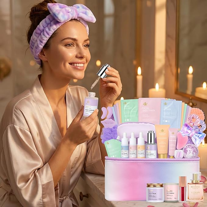 36 Pcs Mother's Day Gift, Hydrating Skin Care Kit, Bath and Body Gift Set for Women, Face Sheet Mask, Leather Cosmetic Bag, Face Serum, Self Care Kit, Anniversary, Birthday, Valentines,Christmas