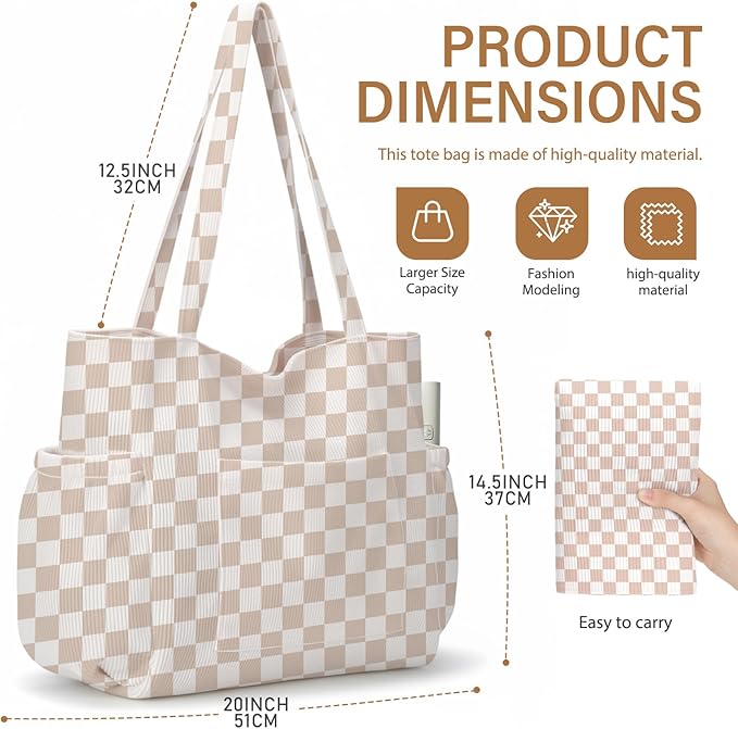 Corduroy Tote Bag for Women,Large Capacity Cute Tote Bags With 6 Pockets,Crossbody Shoulder Handbag for Work Travel Gym