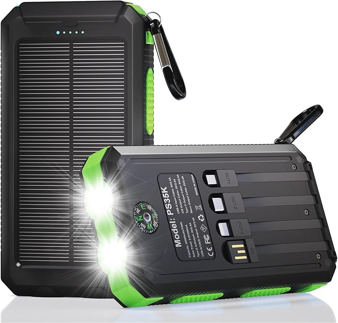 Solar Charger Power Bank 20,000mAh, Portable Charger, 4 Cables 3 Ports Fast Charging External Battery Pack with USB C for Cell Phones, Solar Panel Charger with Dual Flashlight for Camping Green