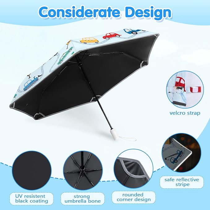 Kids Folding Umbrella Auto Open/Close Umbrellas for Rain Round Corner Safe Design UV Resistant Automatic Children Travel Umbrellas Reinforced Canopy 360° Reflective Strip Lightweight for Girls & Boys