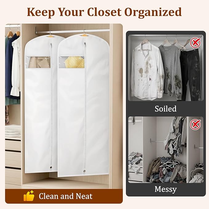 KIMBORA 65" Dress Bags for Gowns Long Garment Bags for Hanging Clothes with Clear Window, Foldable Wedding Dress Cover for Closet Storage and Travel (1 Pack, White)
