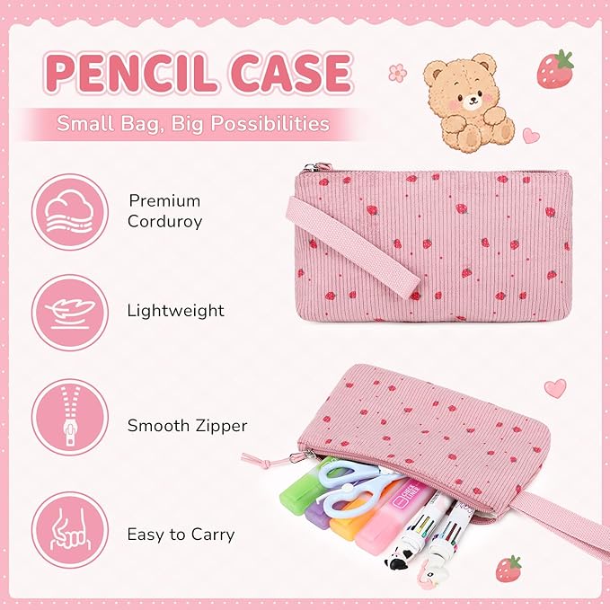 PIG PIG GIRL Corduroy Backpack 3PCS Kids Backpack for Girls School Bags for Middle School Students Book Bag for Elementary Primary Kawaii Ita Backpack with Lunch Box Pencil Case Set, Pink Strawberry