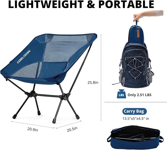 CAMEL CROWN Camping Chair Heavy Duty Backpacking Chair - Ultra-Light Folding Chair with Carry Bag, Portable Compact for Outdoor, Lawn, Hiking, Beach, Picnic