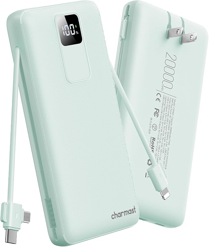 charmast Portable Charger with Built-in Cables and Wall Plug, 20000mAh 20W USB C Power Bank Fast Charging Battery Pack Compatible with iPhone iPhone 16/15/14/13 Series, Samsung Google iPad etc