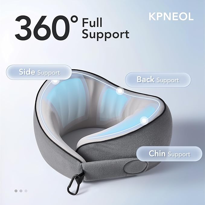 KPNEOL Travel Pillow, 100% Pure Memory Foam Travel Neck Pillow Airplane Neck Support Ergonomic Design for Traveling Suitable for Airplanes,Offices and Cars-Cooling Silk Grey Cover