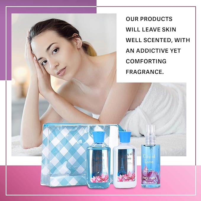 Bath and Body Gift Set for Women & Girls, City of Love Spa Set, Personal Self Care Travel Kit, 3PCS Set with Shower Gel, Body Lotion, Body Mist - Mother's Day Birthday Gifts for Her