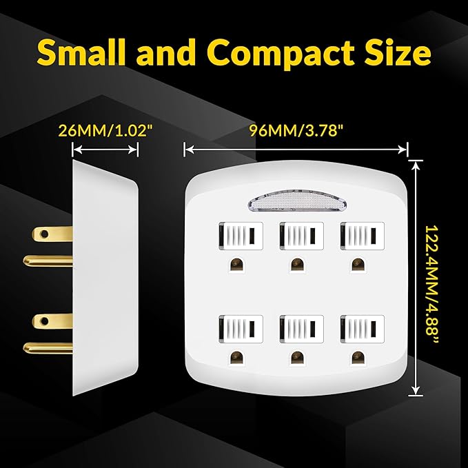 6-Outlet Extender 2 Pack, 3-Prong Ground Wall Tap Adapter with Safety Cap & LED Guide Light, Cruise Essentials, Multiple Plug Electrical Outlets Splitter for Home, Office, Dorm Room, ETL Listed, White