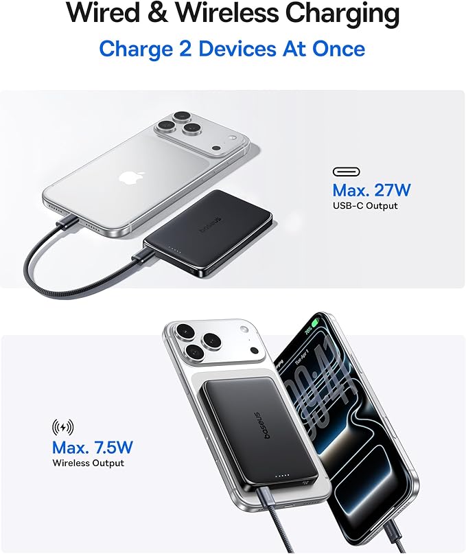 Baseus Picogo 0.5" Ultra Slim 10000mAh MagSafe Portable Charger Bundle 20000mAh Compact Portable Charger 45W, CCC Certified Power Bank Built-in USB-C Cables