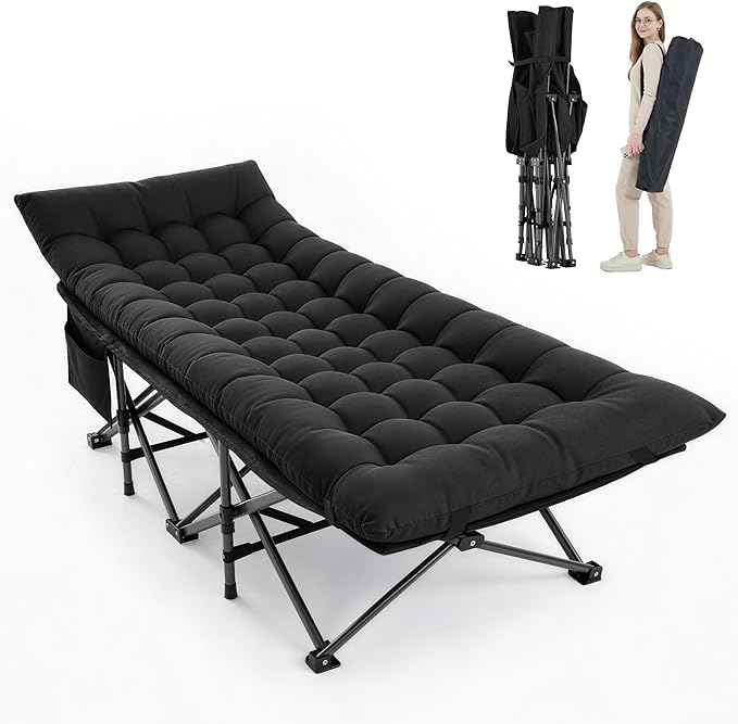 Camping Cot, Folding Camp Cot for Adults, Portable Outdoor Cot with Carry Bag & Mattress, Fast Setup, Lightweight Compact Bed for Travel, Home Office Nap (Black)