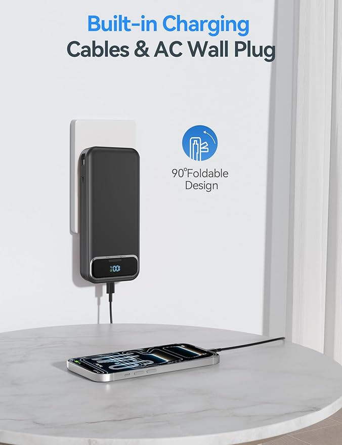 20000mAh Lightweight-Portable-Charger-Power-Bank with Built-in Cables and AC Wall Plug, PD20W USB-C Fast Charging Battery Pack, LED Display External Travel Phone Charger for All iPhone,Samsung,Android