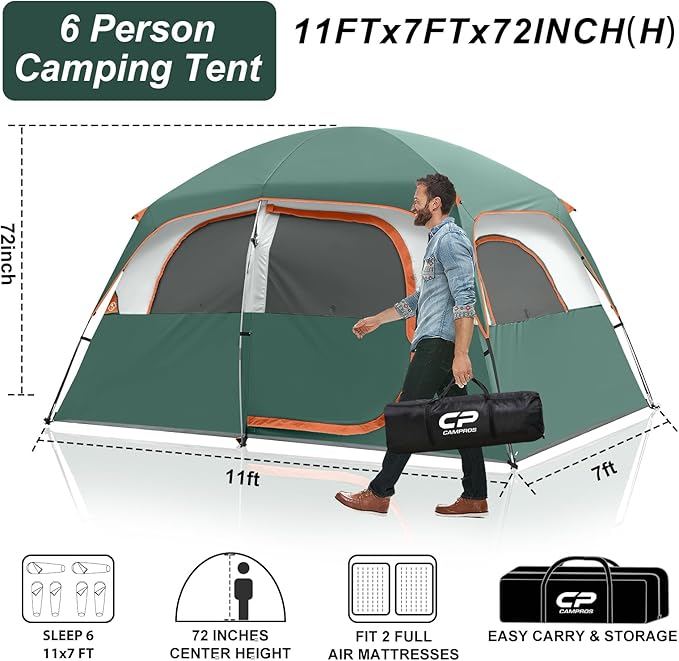 CAMPROS CP Upgraded 6/8 Person Camping Tents, Waterproof Windproof Family Tent with Larger Mesh Windows & Door, Double Layer, Easy Set Up, All-Season Dome Tent with Top Rainfly & Carry Bag