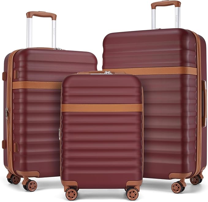 Kono Luggage Set 3 Pieces Expandable PC ABS Durable Suitcase Hardside with Double Spinner Wheels Tsa Lock Burgundy(20in/24in/28in)