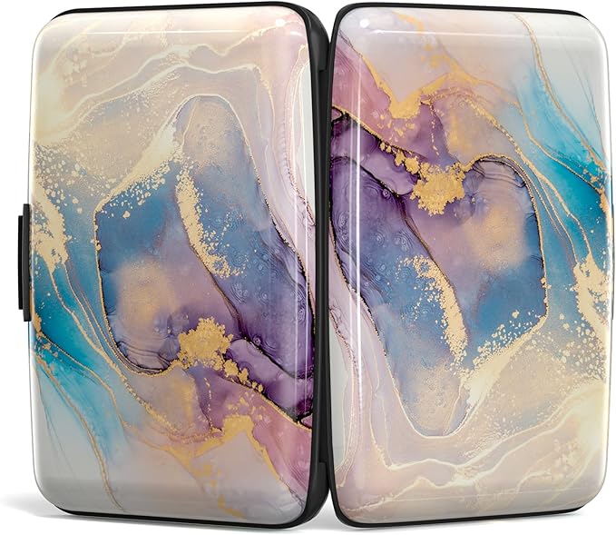 Credit Card Holder, Mini Aluminum Card Wallet RFID Blocking Slim Metal Hard Card Case for Women Men, Pink Gold Marble