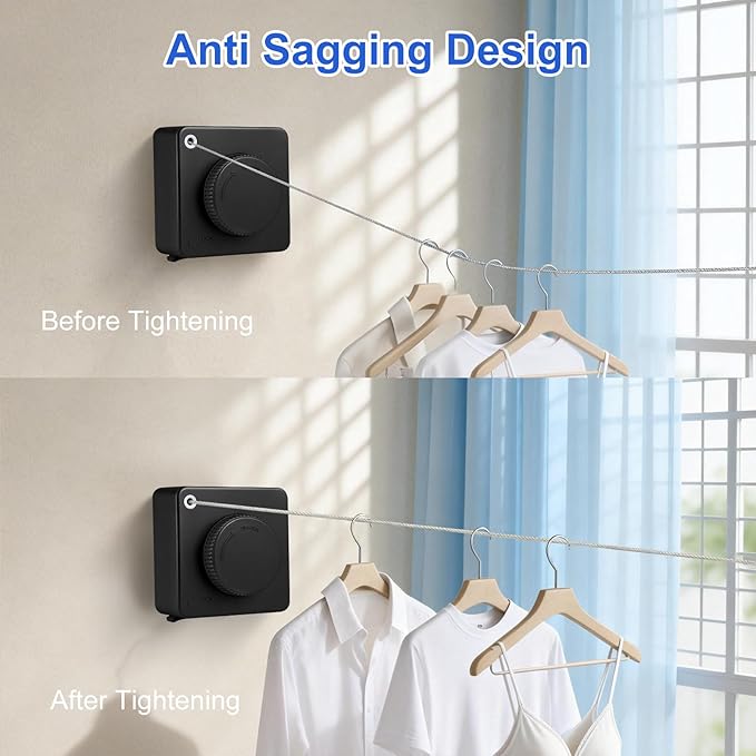 15.7Ft Retractable Clothesline Indoor Outdoor is Also an Anti-sag Clothes line for Indoors, Stainless Steel Wire Retractable Laundry Line for Drying Clothes, with 10 Windproof Clips (Black)