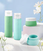 Travel Bottles for Toiletries 90ml with Cosmetic Jar 40ml Luxury Leather Pattern, Anti-Slip Silicone Premium Refillable Bottle Set with Facial Brush for Gym Men Women