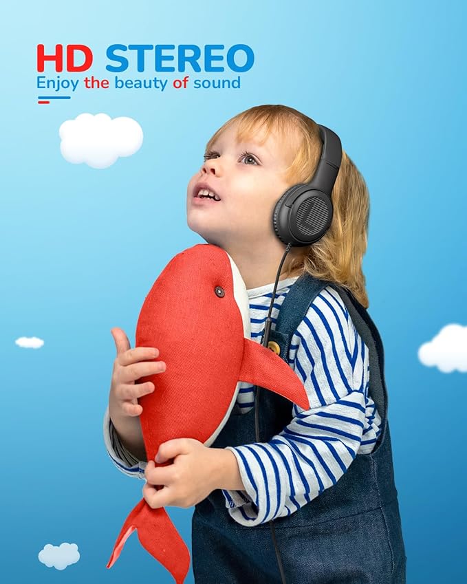 awatrue Kids Headphones for School Travel, 85/94dB Safe Volume Limit, 3.5mm Jack, HD Mic, Portable Wired Headphone with Shareport, Stereo Sound On-Ear Headphones for Toddler Kids Girls Boys Black