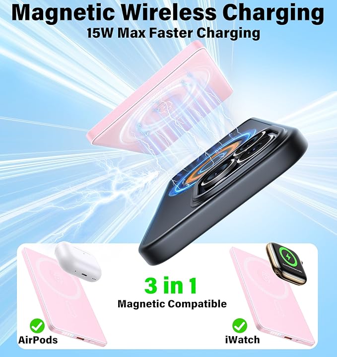 3-in-1 5000mAh for Magsafe Power Bank Thin Slim 22.5W Fast Charging Type C Magnetic Battery Pack Powerbank for Travel, Mini Wireless Portable Charger for iPhone 17 16 15 14 13 12 Watch Android, Pink