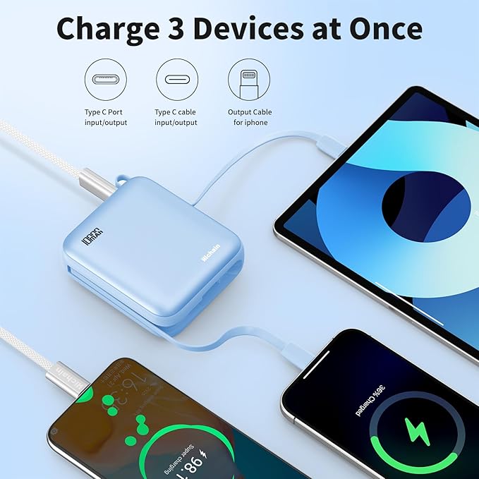 Hichain Mini Portable Charger with Built in Cables LED Display, Mini Power Bank 10000mAh 22.5W USB-C Fast Charging Portable Charger, Small Power Bank for iPhone Compatible with iPad & Android Blue
