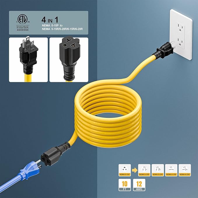 [10-Feet] NEMA 5-15P to 5-15R/ 5-20R/ 6-15R/ 6-20R AC Adapter, Plugrand 12AWG 15 Amp Household AC Plug to 20 Amp T Blade Adapter Cable, 15A 125V to 20A 250V Extension Cable, 10FT