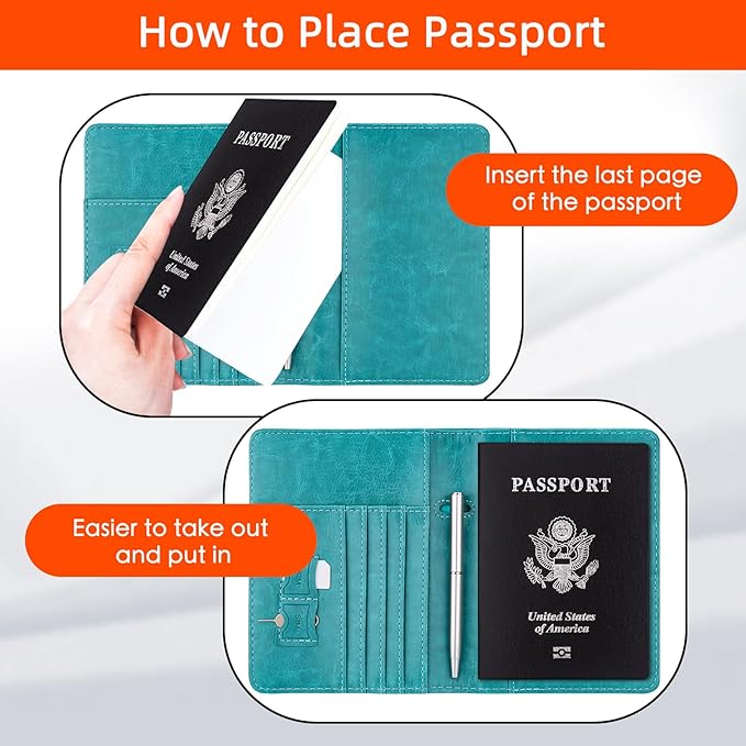 WALNEW Passport Holder for Travel, RFID Passport Cover Wallet for Women Men, PU Leather Passport Book Card Holder Case with Pen (Elastic Band Closure, C-Blue)