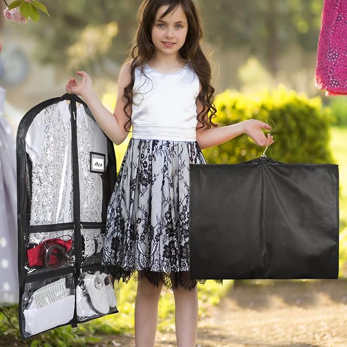 Syeeiex 3" Gusseted Clear Dance Costume Garment Bag, 40'' Dance Garment Bags for Dancers with 4 Zippered Pocket & Can Hold 1-3 Dance Costumes - Suitable for Dance Competitions, Ballet(Black, 2 Pack)