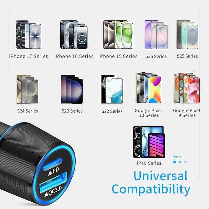 67.5W Car Charger USB C Super Fast Charging, 45W USBC & QC3.0 Port Plug for iPhone 17 Pro Max/Air/16/15/iPad, Samsung S26/S25 Android Cell Phone, Dual 12V Cigarette Lighter Adapter + 5 ft Type C Cable