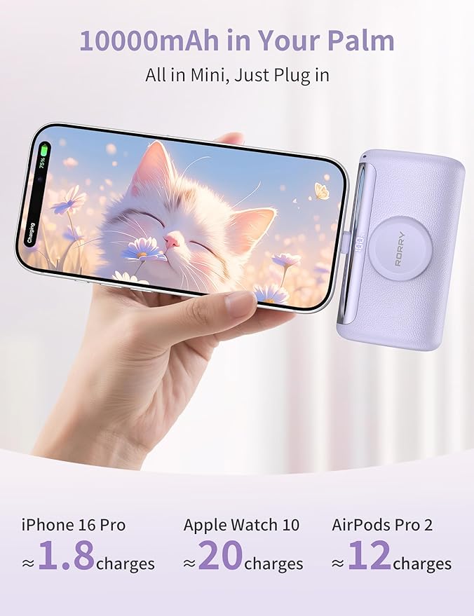 RORRY PalmGo Portable Charger, 10000mAh PD 22.5W Fast Charging Mini Power Bank with Built-in USB C Connector, 3-in-1 Battery Pack for iPhone 17/16/15 Pro/Max, Apple Watch Ultra/11/10/SE, iPad, Purple