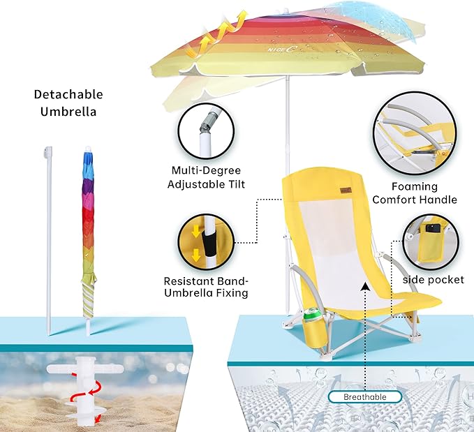 Nice C Beach Chair, Beach Chairs for Adults with Umbrella and Cooler, High Back, Cup Holder & Carry Bag & Heavy Duty Compact Outdoor, Camping (Set of Yellow)