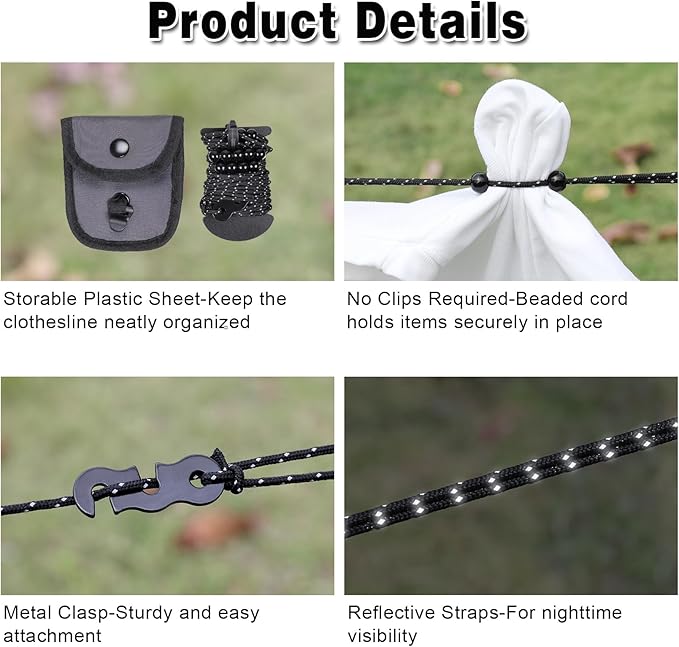 EXVITAL Portable Travel Clothesline Lightweight Camping Clothes Line with 24 Beads for Indoor Hotels Backyard, Outdoor Cruise Ships, RVs, Tents, 11.5 Feet