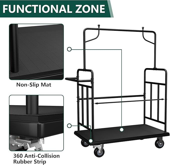 Luggage Cart with Wheels,1100LBS Heavy-Duty Luggage Trolley & Hand Truck,360° Silent Wheels with Anti-Collision Strip,Platform Dolly for Hotel Bellman,Airport and Resort Use