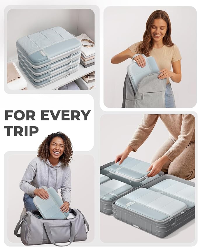 Percover Compression Packing Cubes 8-Piece Set, Packing Cubes Compression for Travel with Laundry Bag & Shoe Bag, Travel Organizer for Carry On & Checked Luggage, Slate Blue