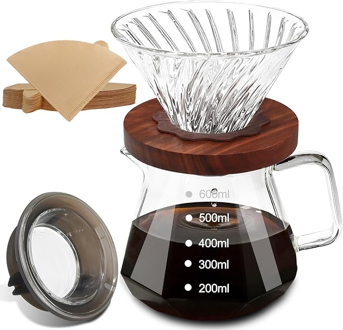 Coffee Pour Over 20.3oz 600ml High Borosilicate Glass Pour Over Coffee Maker Set Camping Travel with 100 Pcs V60 Cone Filter Paper Hand Brew Carafe Drip Suitable for Electric Ceramic Stove