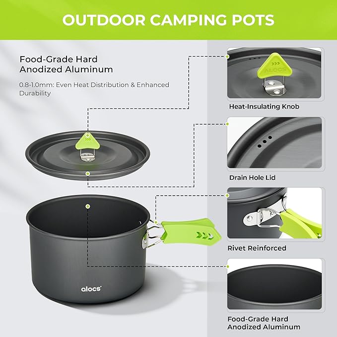 Alocs Camping Cookware Set - Lightweight Camping Pots and Pans - Portable Outdoor Cookware with Kettle - Camping Cookware Mess Kit for 2