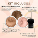 4pc (EBONY) KIT w/KABUKI BRUSH Mineral Makeup Matte Loose Powder Foundation Concealer Blush Long Lasting Bare Face Cosmetics