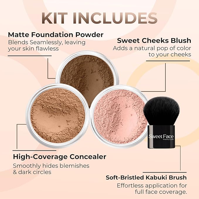 4pc (EBONY) KIT w/KABUKI BRUSH Mineral Makeup Matte Loose Powder Foundation Concealer Blush Long Lasting Bare Face Cosmetics