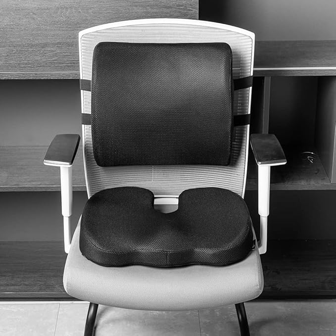 Amazon Basics Comfortable Seat Cushion & Lumbar Support for Office Chairs, Memory Foam with Cooling Gel, Non-Slip, Black