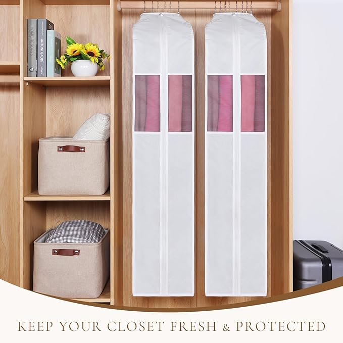Univivi Premium Cotton Garment Bags for Hanging Clothes and Storage, 60 Inch Washable Dress Bags for Gowns Long, Full Zipper Dust Cover with Extra Large 10" Gusset & Clear Window - 2 Pack