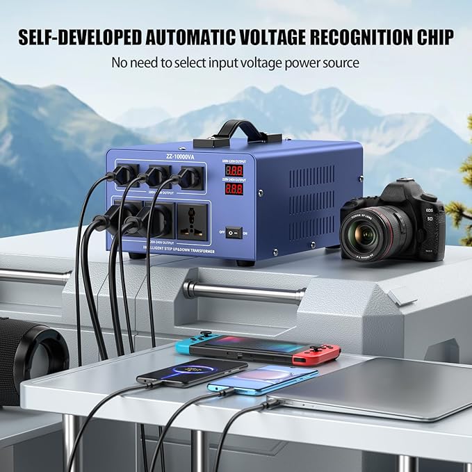 10000W Voltage Converter Transformer Step Up/Down 110V/120V to 220V/240V, Auto Voltage Recognition, Heavy Duty Power Converter with 6 Outlets, LCD Display & Circuit Breaker for Home, International Use
