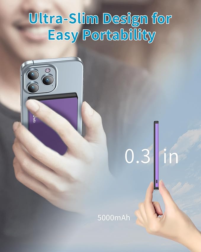 ZBF Wireless Portable Charger,5000mAh Slim Magnetic Power Bank Phone Charger with USB-C Cable, PD 20W Fast Charging Mag-Safe Battery Pack Travel Charger for Phone 17 16 15 14 13 Pro Max(Purple)