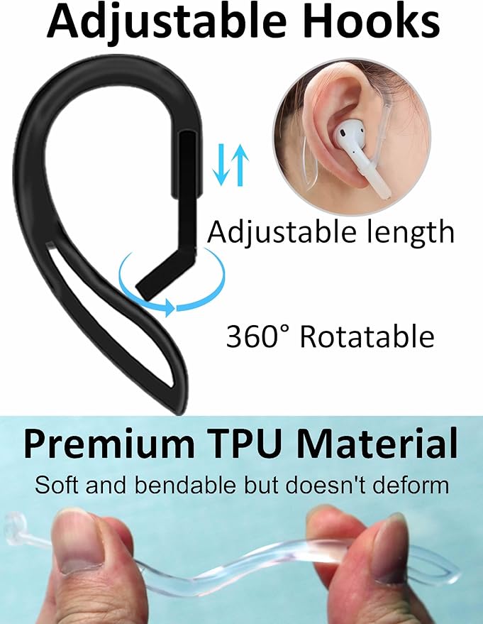 A-Focus Anti-Slip Set for AirPods 4 Silicone Adjustable Ear Hook Ergonomic Design Wings Wingtip Ear Hooks Tips Strap Sport Earbuds Accessories Eartip Compatible with AirPods 4th Black