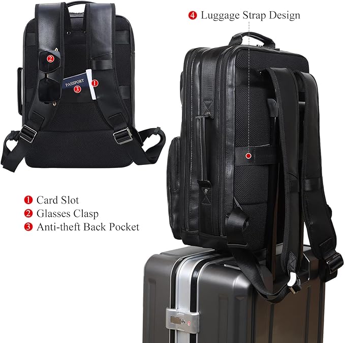 TIDING 17.3" Leather Laptop Backpack for Men Multi Pockets Casual Daypack Business Travel Rucksack, Black