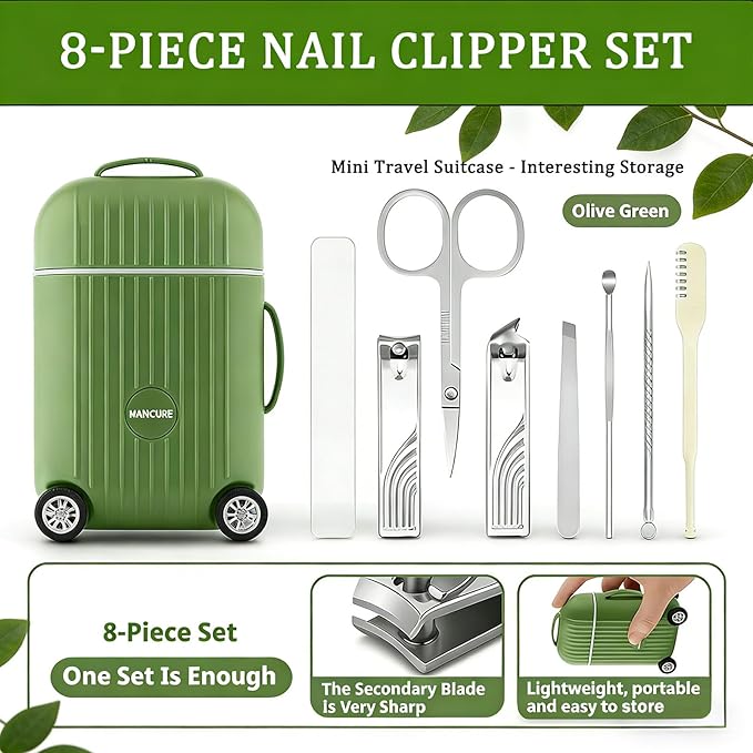 8-Piece Manicure Set in Mini Suitcase, Cute Travel Nail Clipper Kit with Stainless Steel Tools, Portable Grooming Care for Car Console, Office Desk Decor & Unique Gift, Olive Green, 3.9"
