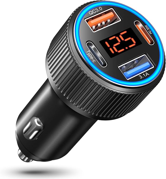 USB C Car Charger, Costyle 65W Dual USB-C & USB-A Multi Port Cigarette Lighter Adapter with Voltmeter QC/PD 3.0 Fast Charging 12V Car Phone Charger for iPhone 17 16 15 14 13 12 Pro Max Samsung(Black)