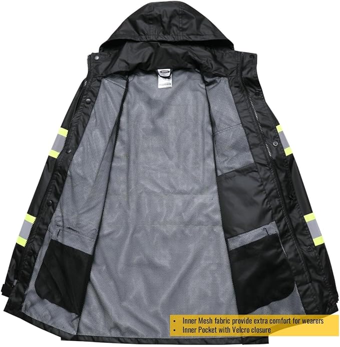 JKSafety Hi-Vis Reflective Safety Rain Jacket for Men Women Waterproof Rain Gears for Farming Fishing Work HV Rain Jacket with Inner Mesh Lining and Pockets (117A-Black M)
