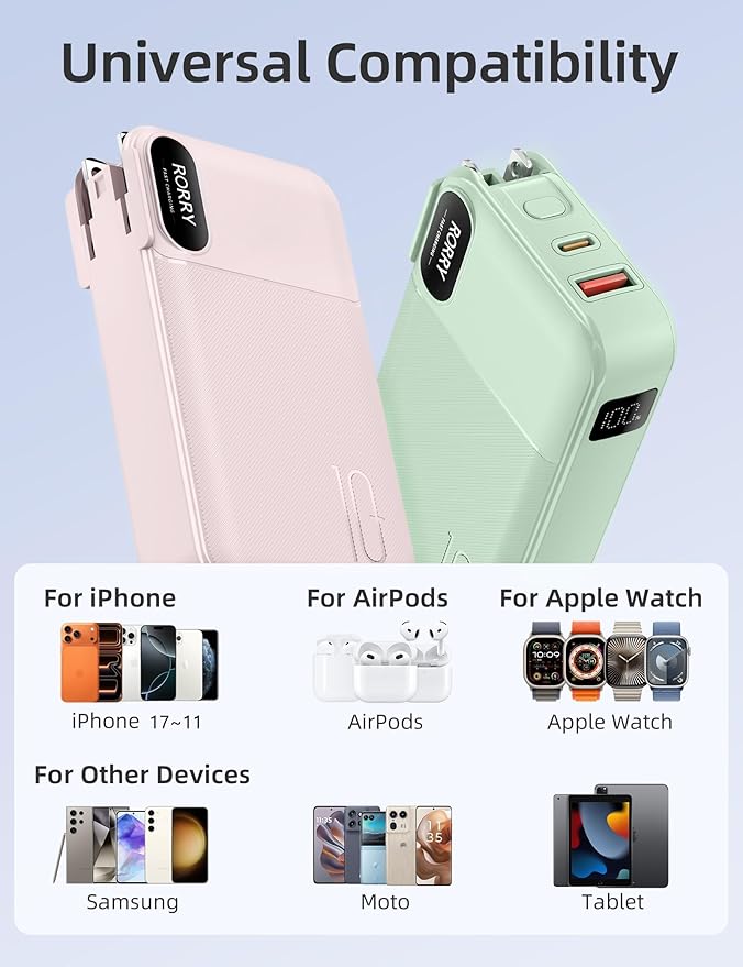RORRY Portable Charger Built in Cables, AC Wall Plug in Portable Charger Power Bank 10000mAh Travel Battery Pack 22.5W Fast Charging for iPhone 17/16/15 Samsung Galaxy S25/S24/S23 Pixel LG iPad, Pink