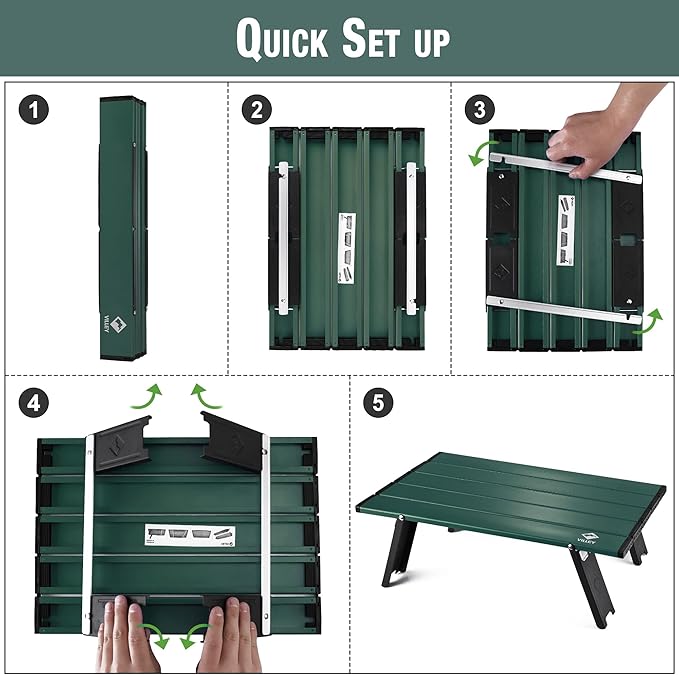 VILLEY Portable Mini Folding Beach Table, Ultralight Aluminum Side Table with Carry Bag for Camping, Picnics, and Outdoor Activities - Green