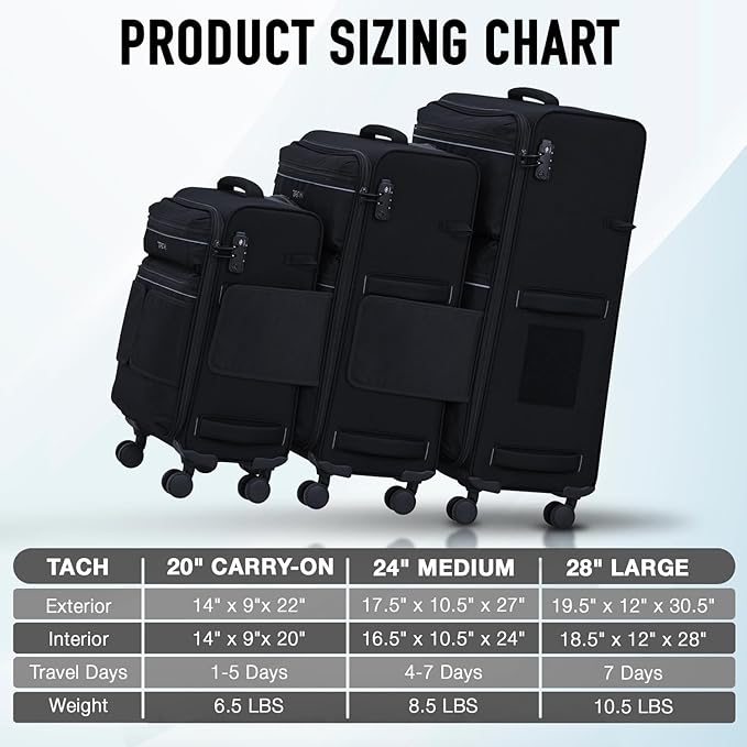 TACH LITE Samba Soft Connectable 2 Piece Luggage Sets - 20 & 28 inch Luggage | Small Carry On & Large Checked Suitcases | Patented Built-In Connecting System | Rolling Suitcase Links 6 Bags (Black)